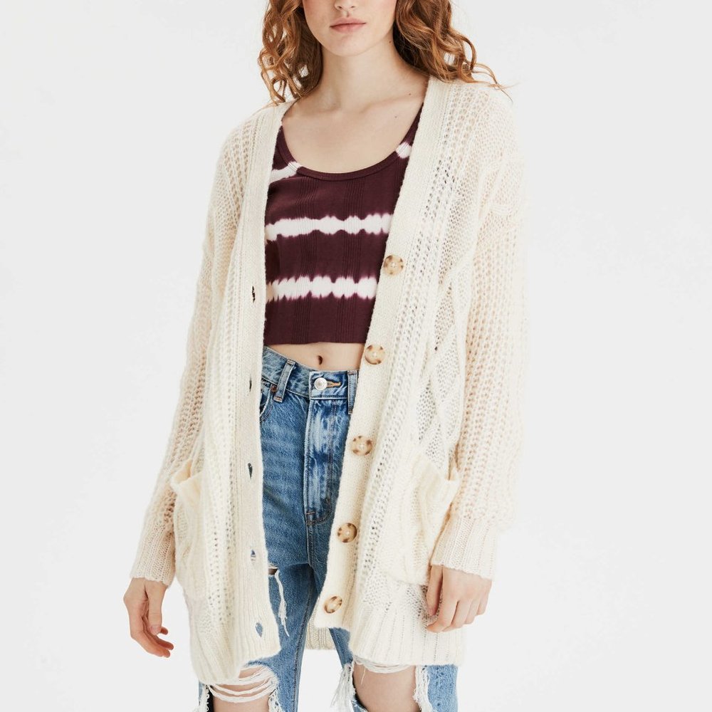 AE Oversized Cable Knit Button Up Cardigan NWT